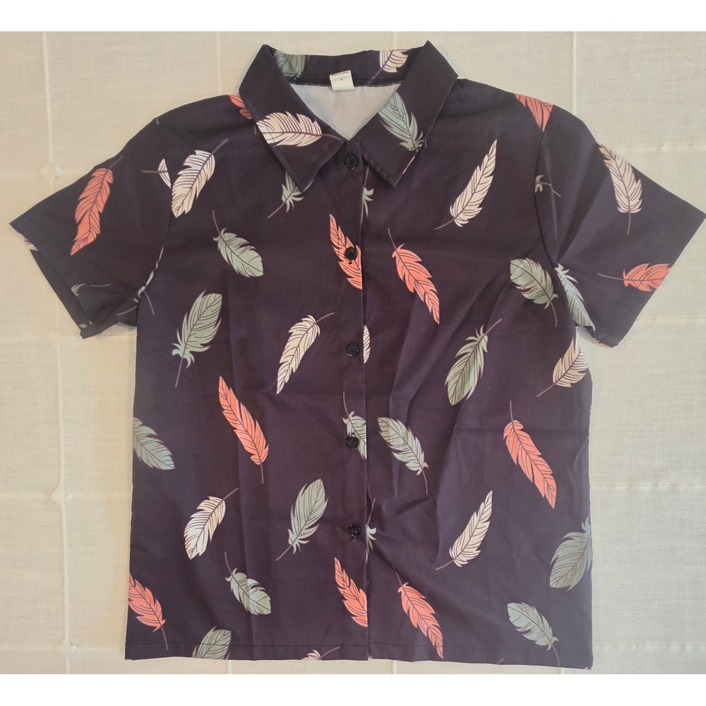 Shein Kids Black Feather Print Short Sleeve Button Down Shirt Size 13-14Y